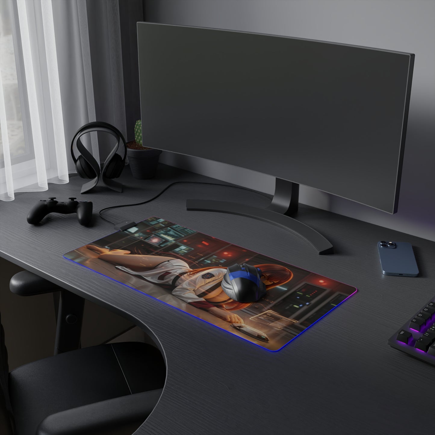 Steins;Gate Mouse Pad – Makise Kurisu LED RGB Desk Mat, Anime Lab Gamer Decor, Gift for Gamer on RGB desk mat with Makise Kurisu art and LED border