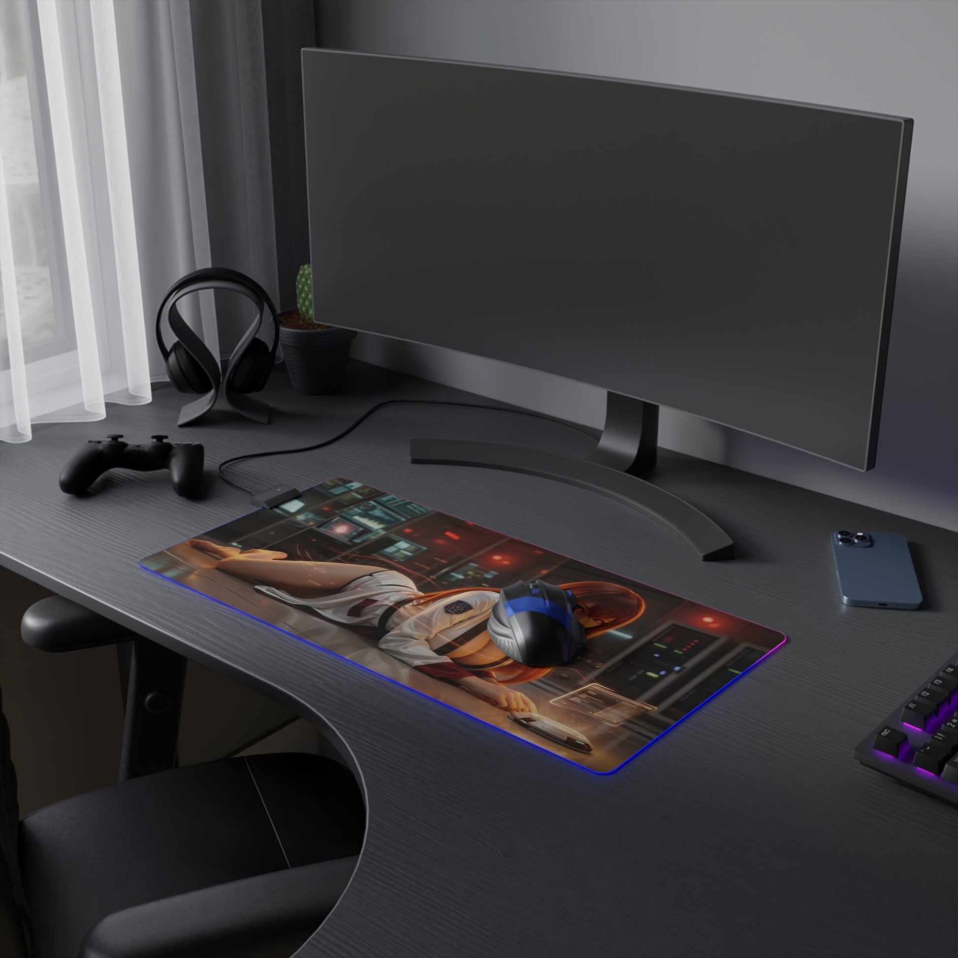Steins;Gate Mouse Pad – Makise Kurisu LED RGB Desk Mat, Anime Lab Gamer Decor, Gift for Gamer on RGB desk mat with Makise Kurisu art and LED border