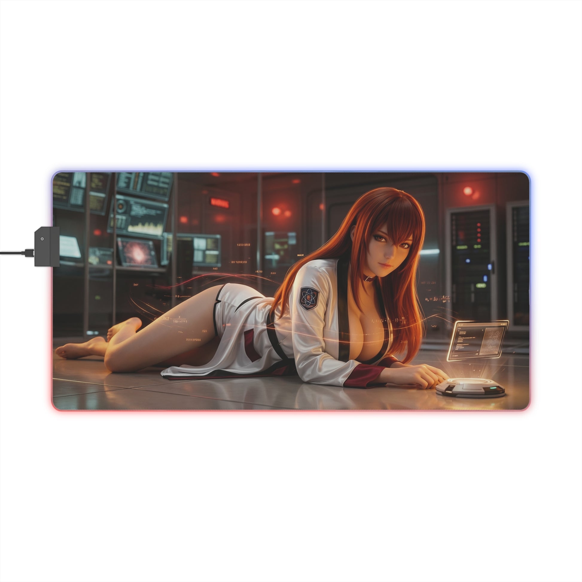 Steins;Gate Mouse Pad – Makise Kurisu LED RGB Desk Mat, Anime Lab Gamer Decor, Gift for Gamer, Makise Kurisu in futuristic lab with LED border