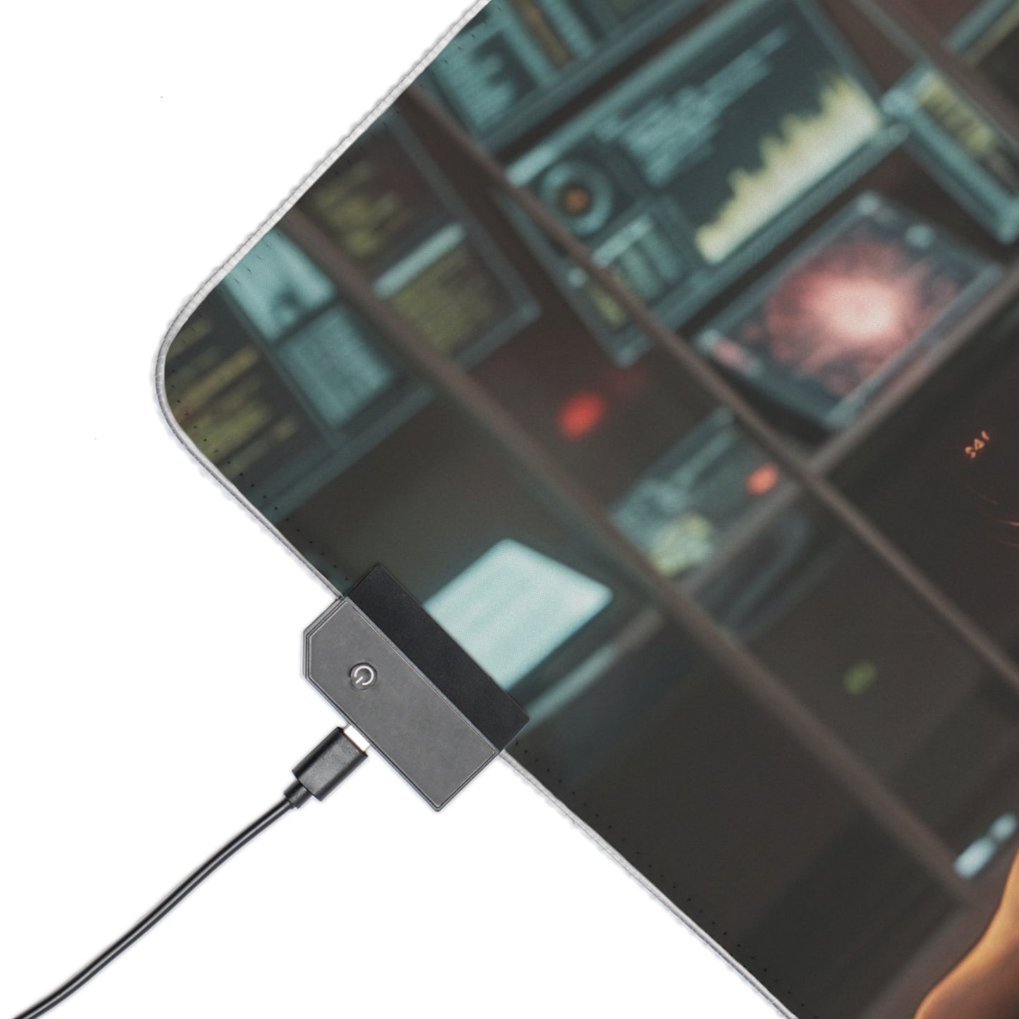 Steins;Gate Mouse Pad – Makise Kurisu LED RGB Desk Mat, Anime Lab Gamer Decor, Gift for Gamer close-up of LED border and USB power connector on futuristic lab print