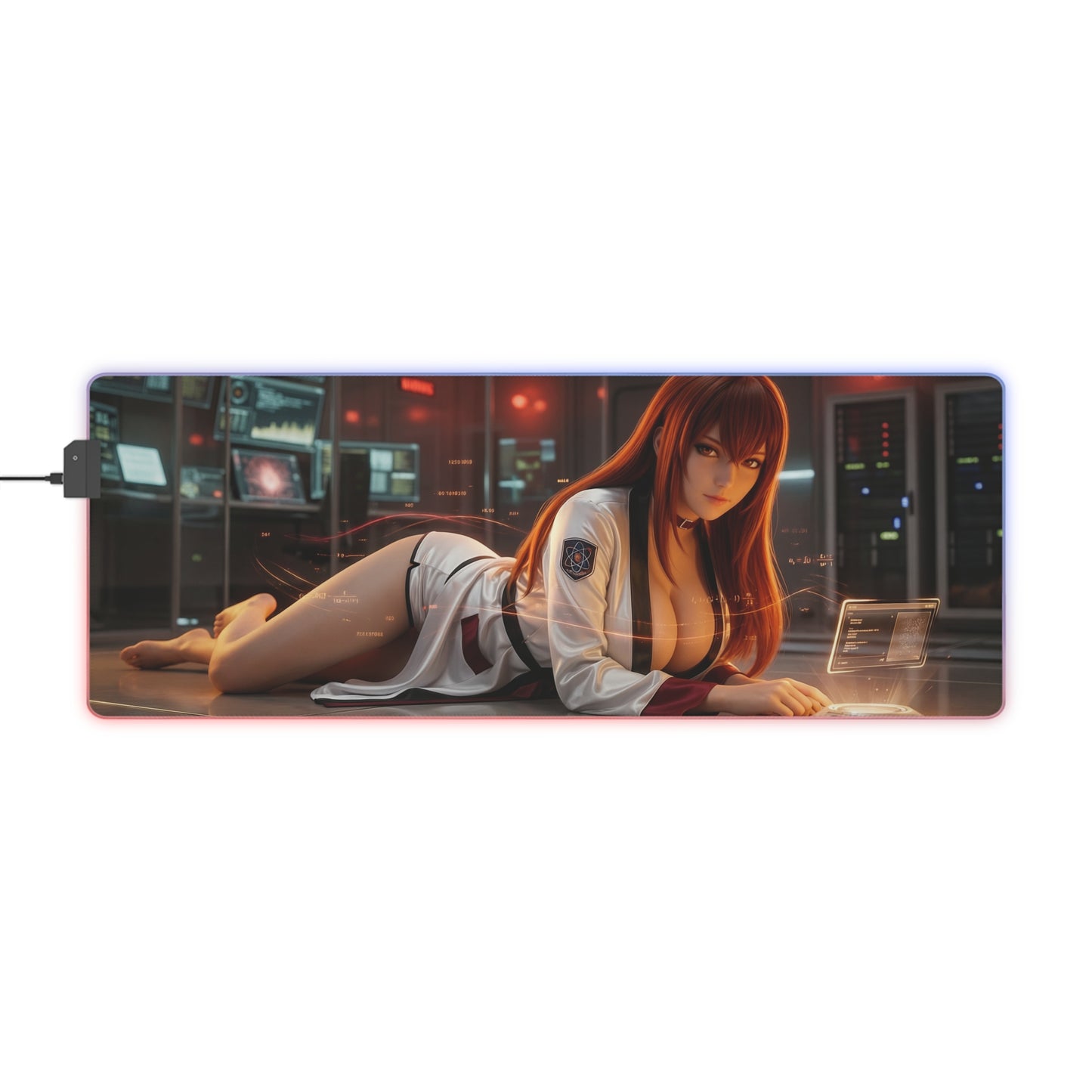 Steins;Gate Mouse Pad – Makise Kurisu LED RGB Desk Mat, Anime Lab Gamer Decor, Gift for Gamer showing Makise Kurisu in a glowing lab with LED border