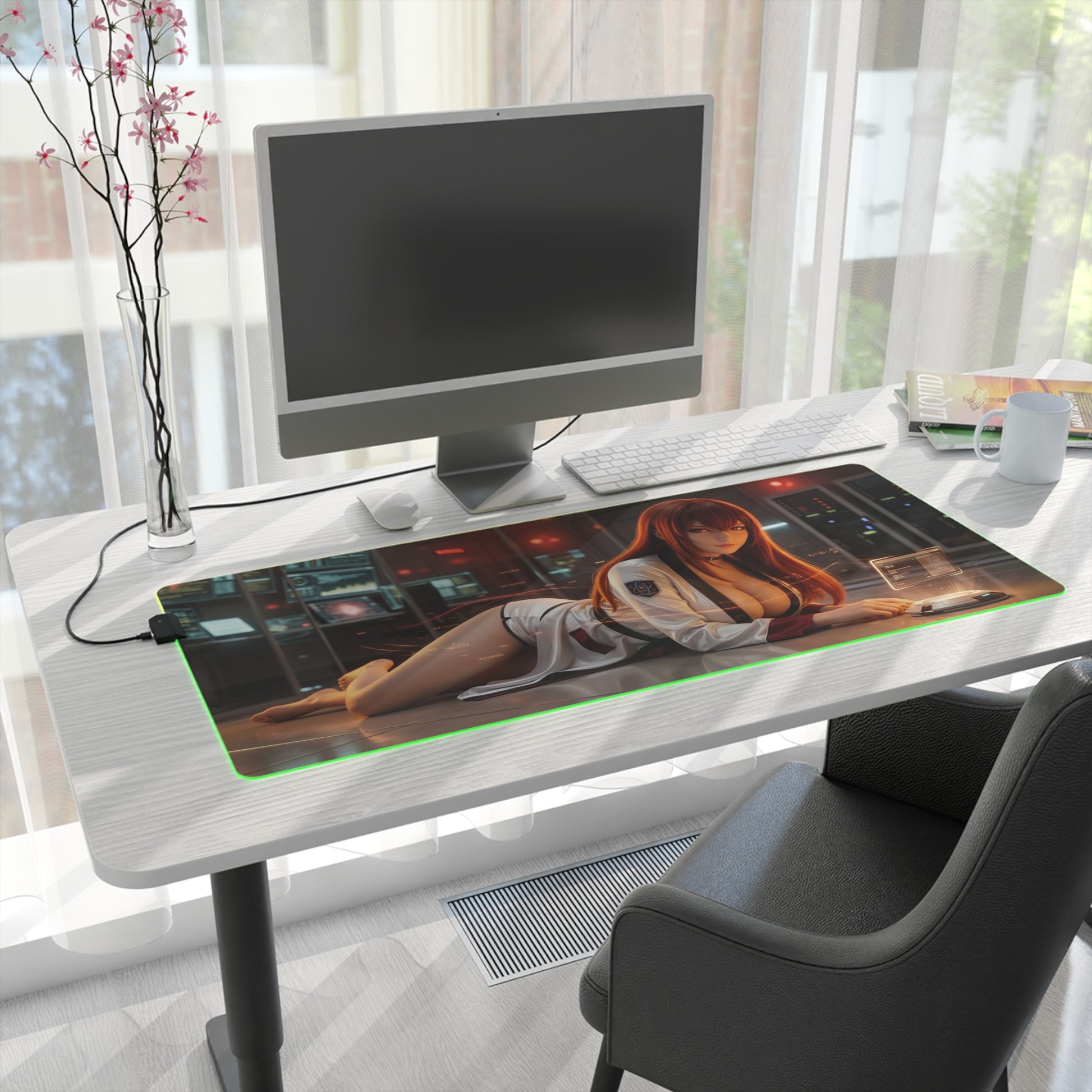 Steins;Gate Mouse Pad – Makise Kurisu LED RGB Desk Mat, Anime Lab Gamer Decor, Gift for Gamer showing Makise Kurisu in a futuristic lab with LED border on desk
