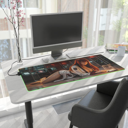 Steins;Gate Mouse Pad – Makise Kurisu LED RGB Desk Mat, Anime Lab Gamer Decor, Gift for Gamer showing Makise Kurisu in a futuristic lab with LED border on desk