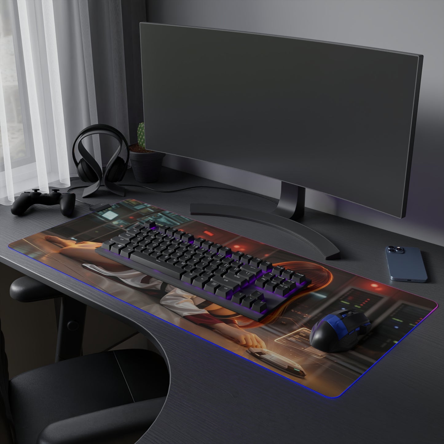 Steins;Gate Mouse Pad – Makise Kurisu LED RGB Desk Mat, Anime Lab Gamer Decor, Gift for Gamer on gaming desk with RGB lighting