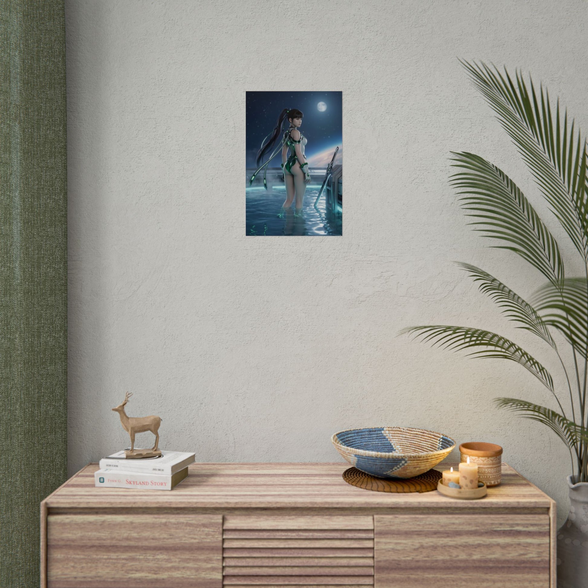 Stellar Blade Poster – EVE Art Print, Sci-Fi Game Wall Art showing futuristic warrior in green cybernetic suit waist-deep in moonlit water