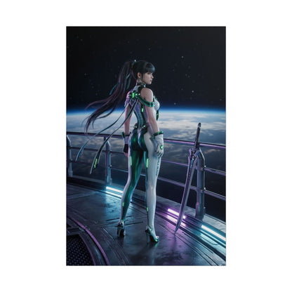 Stellar Blade Poster – EVE Art Print, Sci-Fi Game Wall Art showing futuristic warrior in glowing armor aboard a space station overlooking Earth