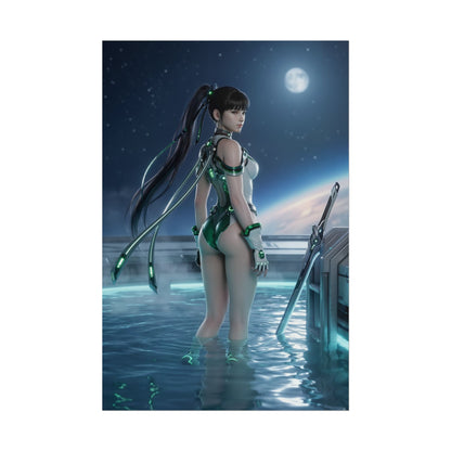 Stellar Blade Poster – EVE Art Print, Sci-Fi Game Wall Art of futuristic warrior in green cybernetic suit standing waist-deep in moonlit water