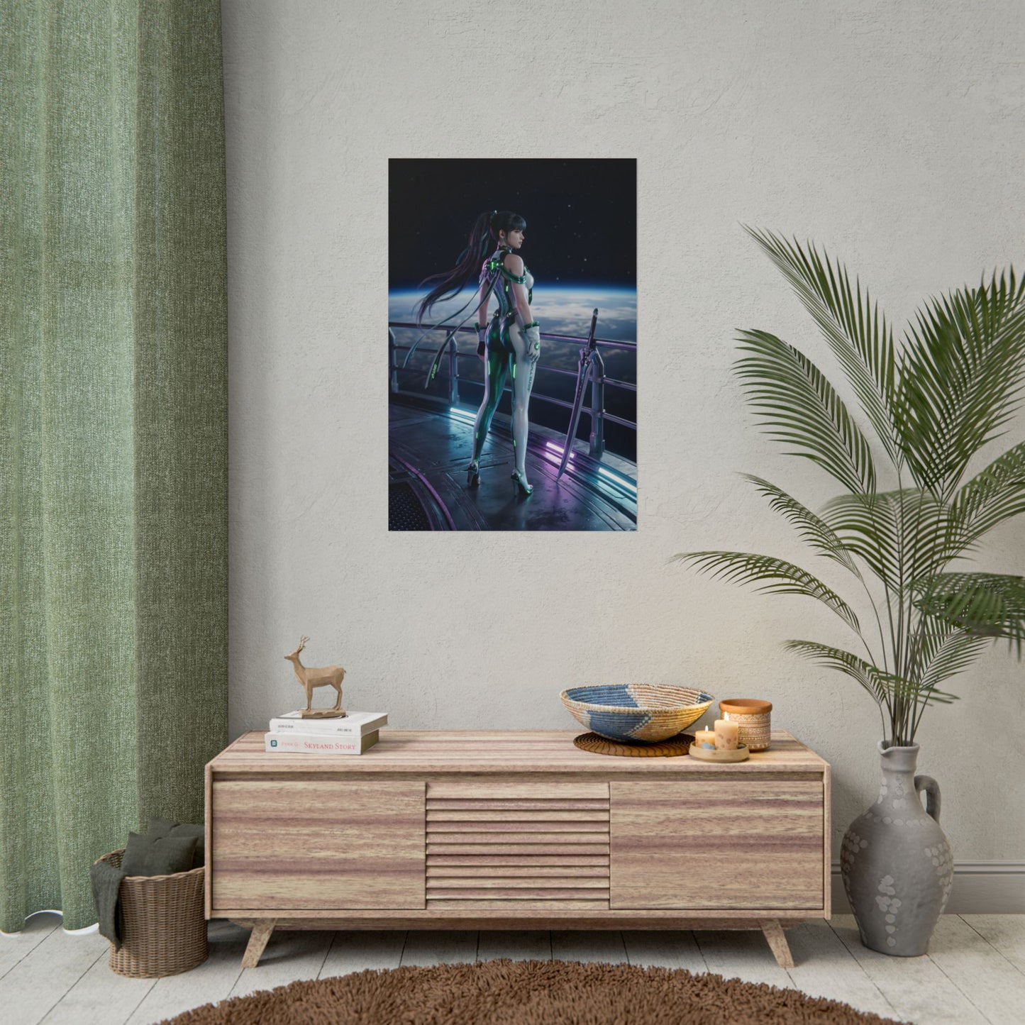 Stellar Blade Poster – EVE Art Print, Sci-Fi Game Wall Art: futuristic warrior in glowing armor aboard space station overlooking Earth
