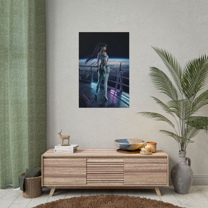 Stellar Blade Poster – EVE Art Print, Sci-Fi Game Wall Art: futuristic warrior in glowing armor aboard space station overlooking Earth