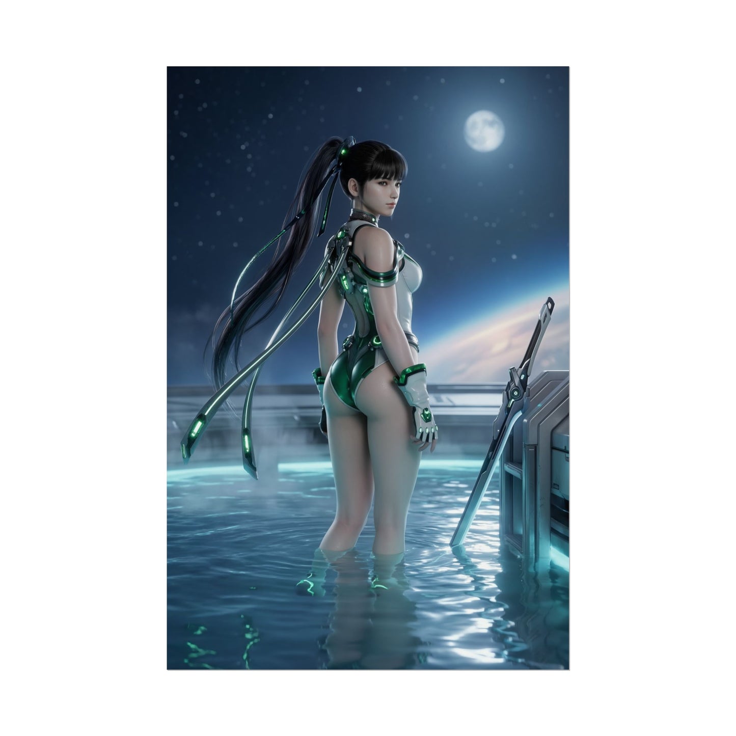 Stellar Blade Poster – EVE Art Print, Sci-Fi Game Wall Art — futuristic warrior in green cybernetic suit standing waist-deep in water under moonlit sci-fi sky