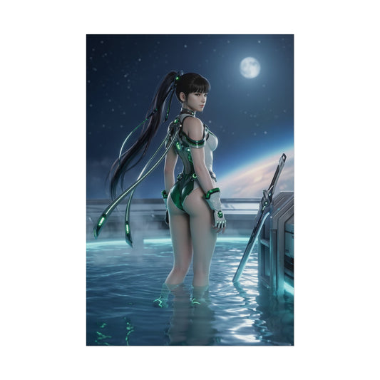 Stellar Blade Poster – EVE Art Print, Sci-Fi Game Wall Art: futuristic warrior in green cybernetic suit waist-deep in moonlit water