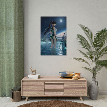 Stellar Blade Poster – EVE Art Print, Sci-Fi Game Wall Art featuring futuristic warrior in green cybernetic suit standing waist-deep in calm moonlit water