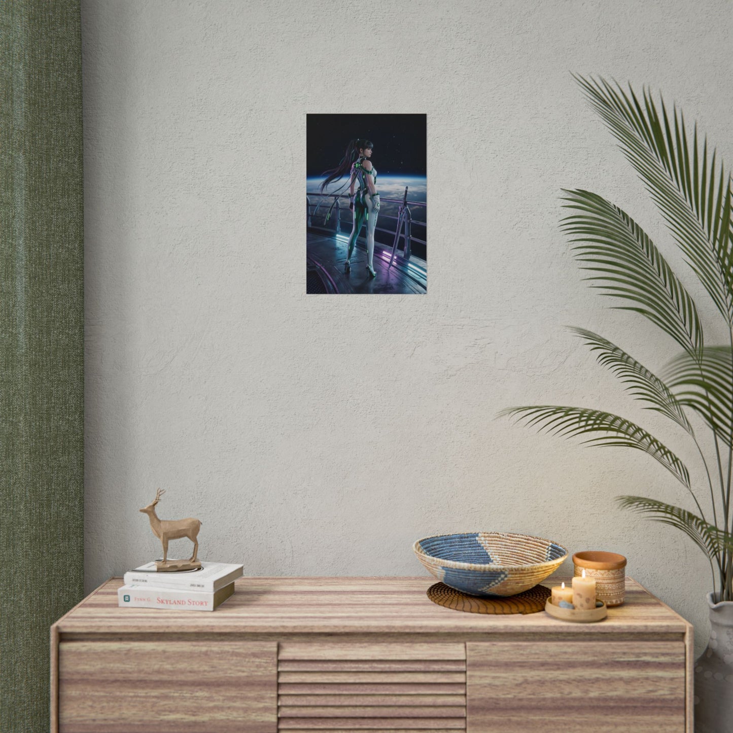 Stellar Blade Poster – EVE Art Print, Sci-Fi Game Wall Art showing futuristic warrior on space station balcony overlooking Earth