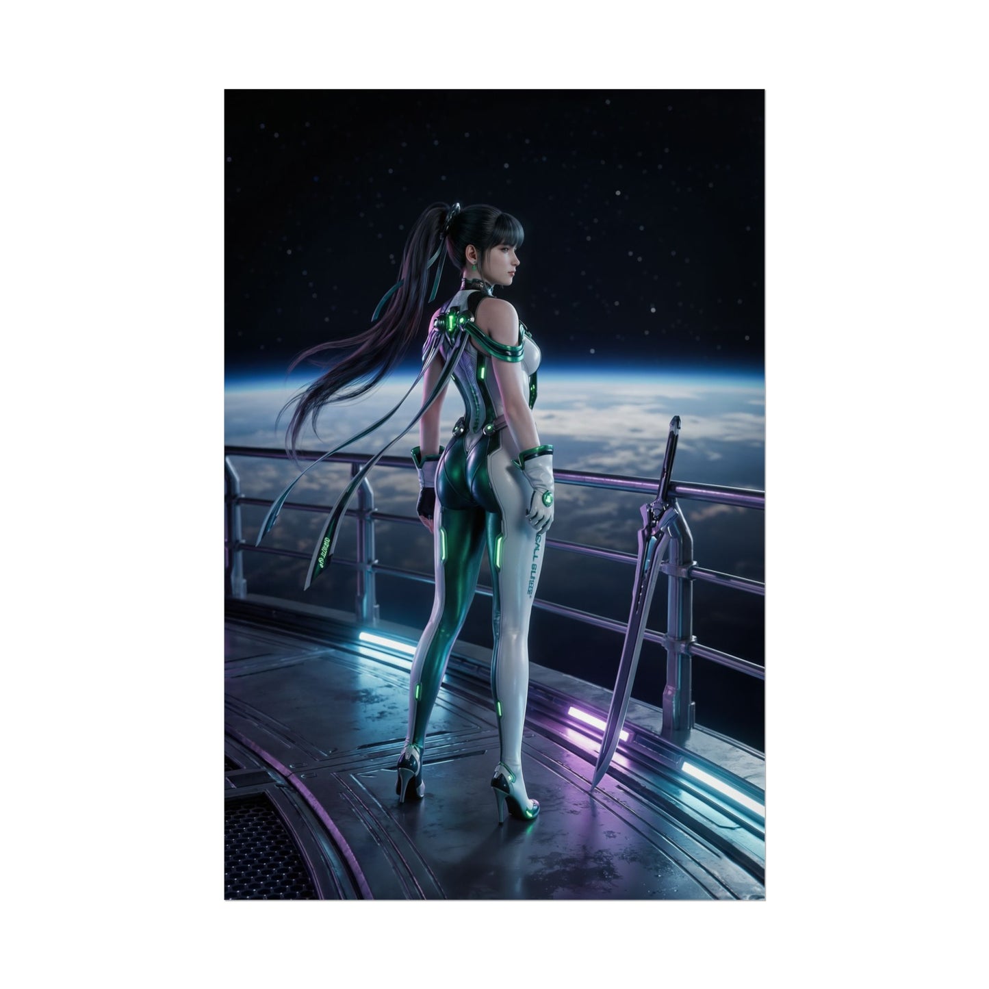 Stellar Blade Poster – EVE Art Print, Sci-Fi Game Wall Art featuring futuristic warrior on space station balcony overlooking Earth