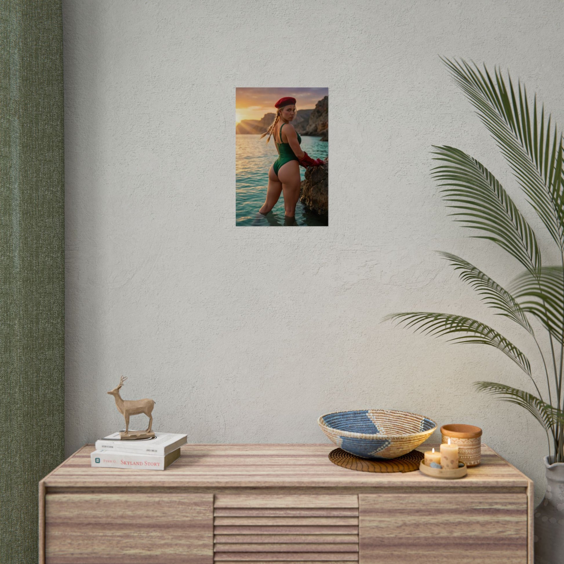 Street Fighter Poster – Cammy White Art Print, Fighting Game Wall Art featuring Cammy in green outfit and red beret standing in shallow ocean at sunset
