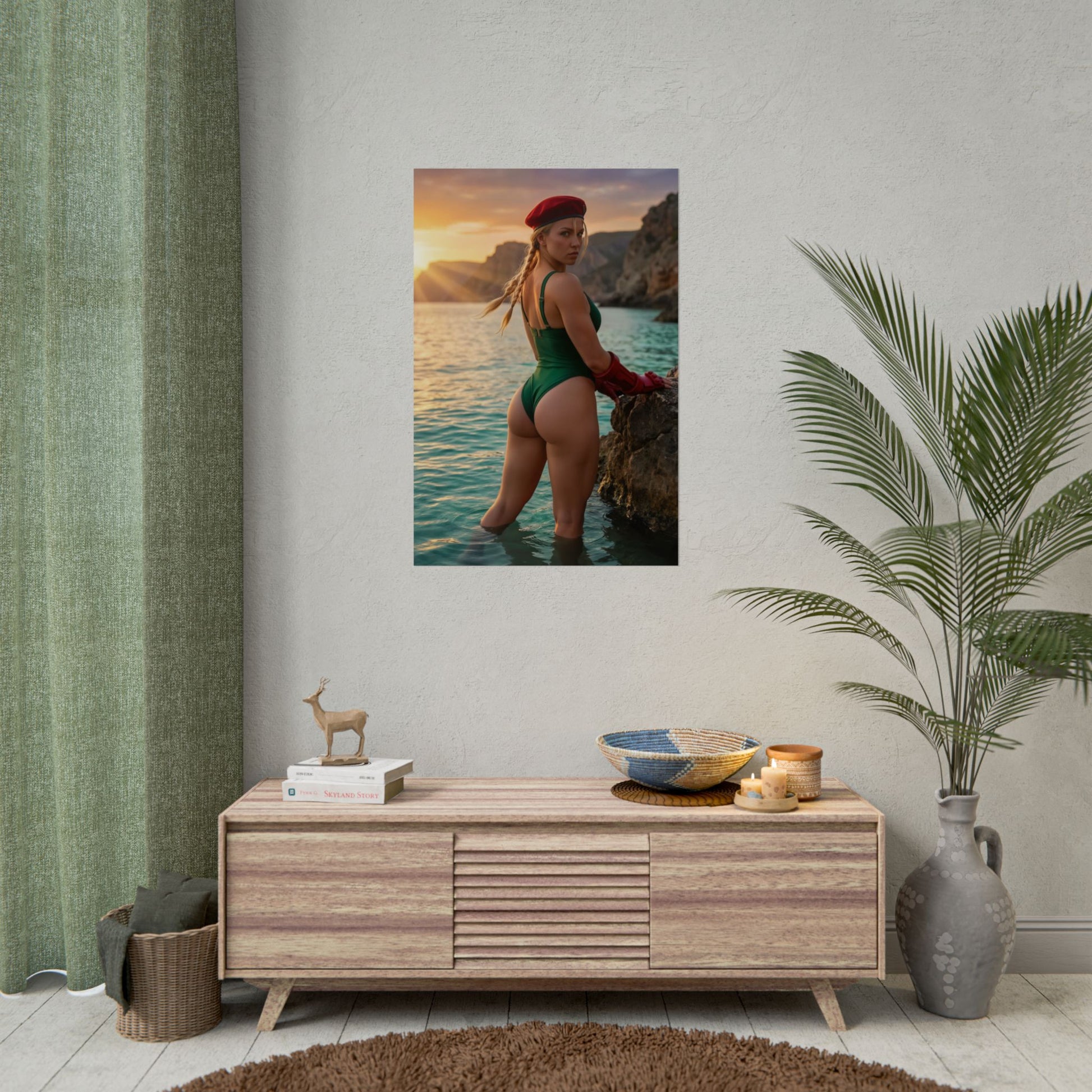 Street Fighter Poster – Cammy White Art Print, Fighting Game Wall Art — Cammy in green outfit and red beret standing in ocean at sunset