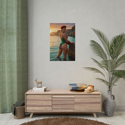 Street Fighter Poster – Cammy White Art Print, Fighting Game Wall Art: cinematic Cammy in green outfit and red beret standing in shallow ocean at sunset