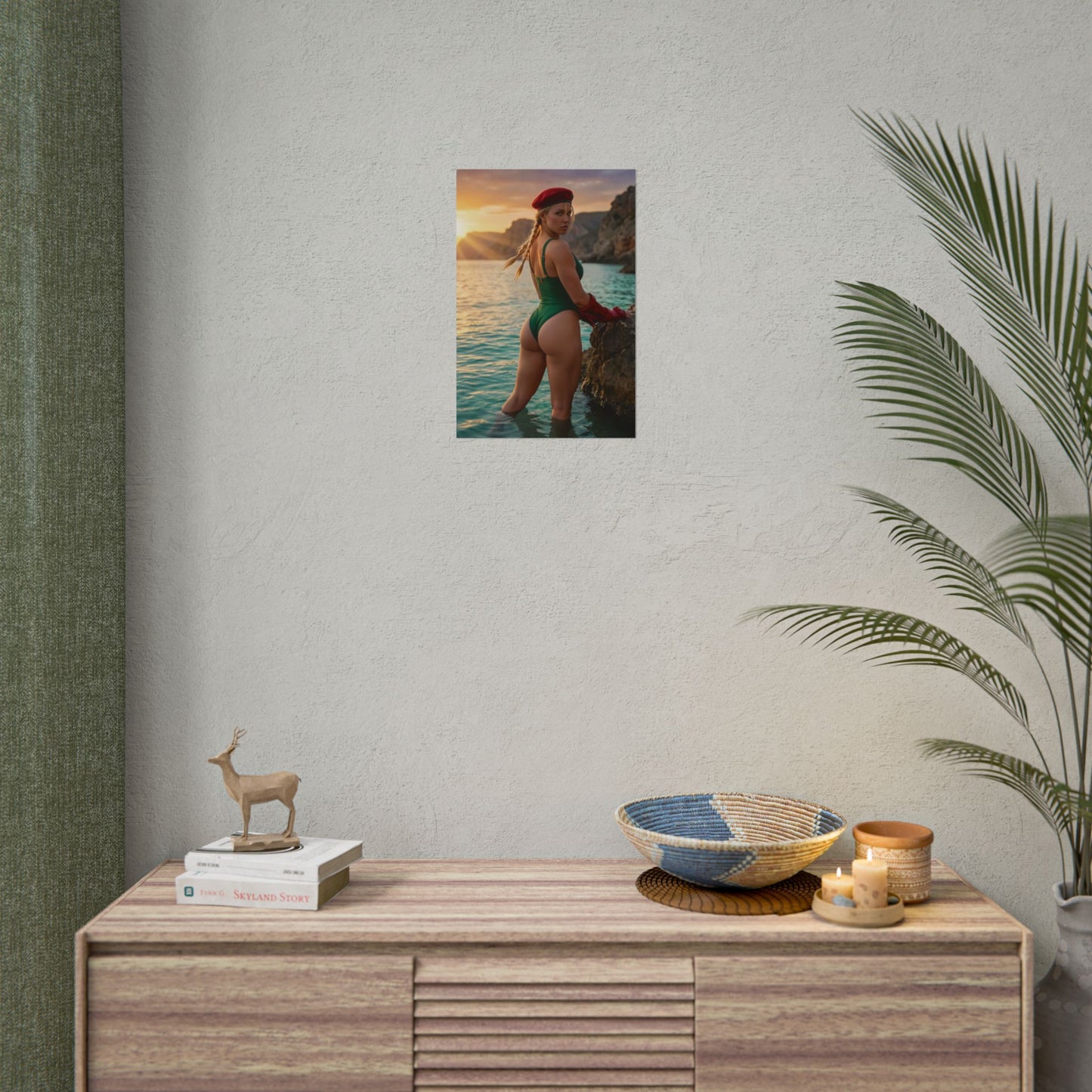 Street Fighter Poster – Cammy White Art Print, Fighting Game Wall Art showing Cammy in green outfit and red beret standing in shallow ocean water at sunset