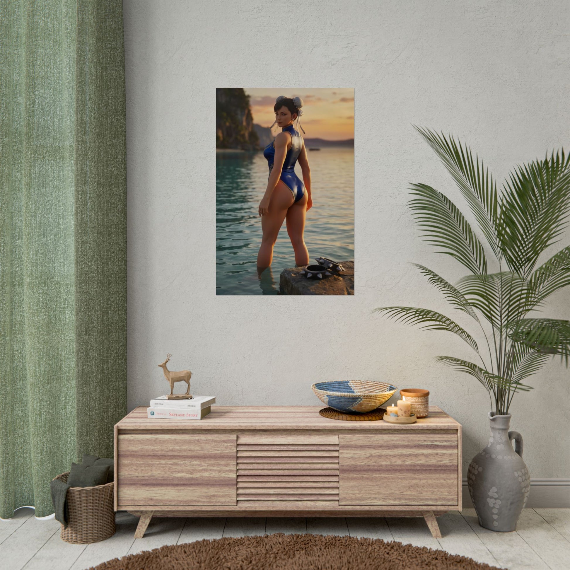 Street Fighter Poster – Chun-Li Art Print, Fighting Game Wall Art - cinematic sunset scene of Chun-Li standing in calm ocean water