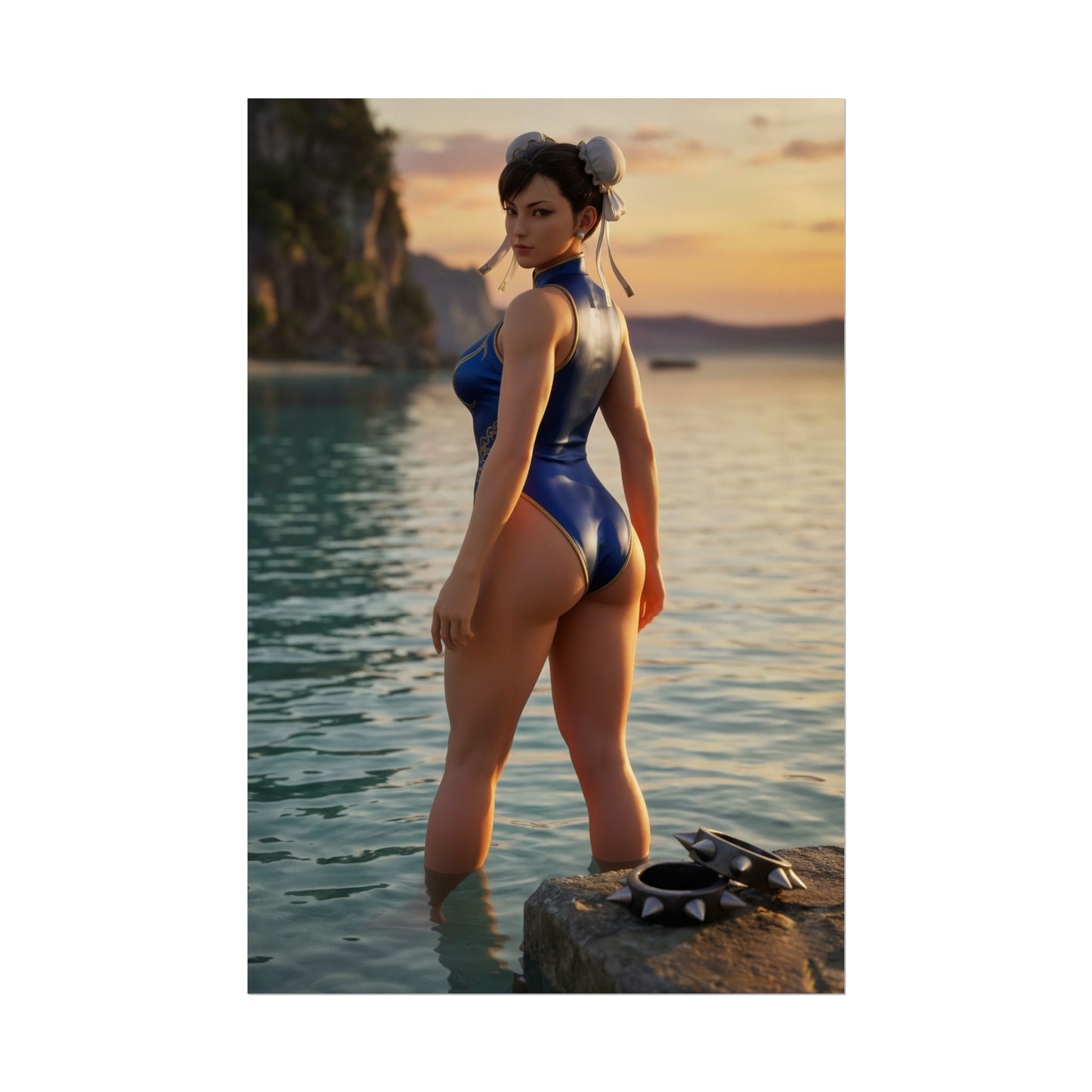 Street Fighter Poster – Chun-Li Art Print, Fighting Game Wall Art featuring Chun-Li standing in calm ocean water at golden sunset with cinematic lighting