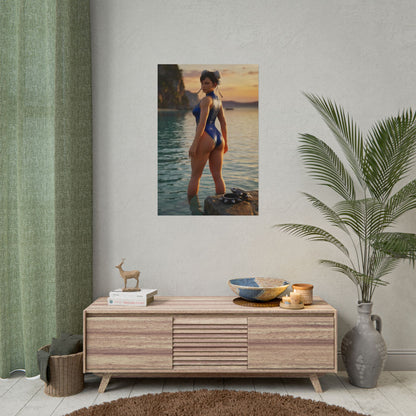 Street Fighter Poster – Chun-Li Art Print, Fighting Game Wall Art showing Chun-Li standing in ocean water at golden sunset cinematic lighting