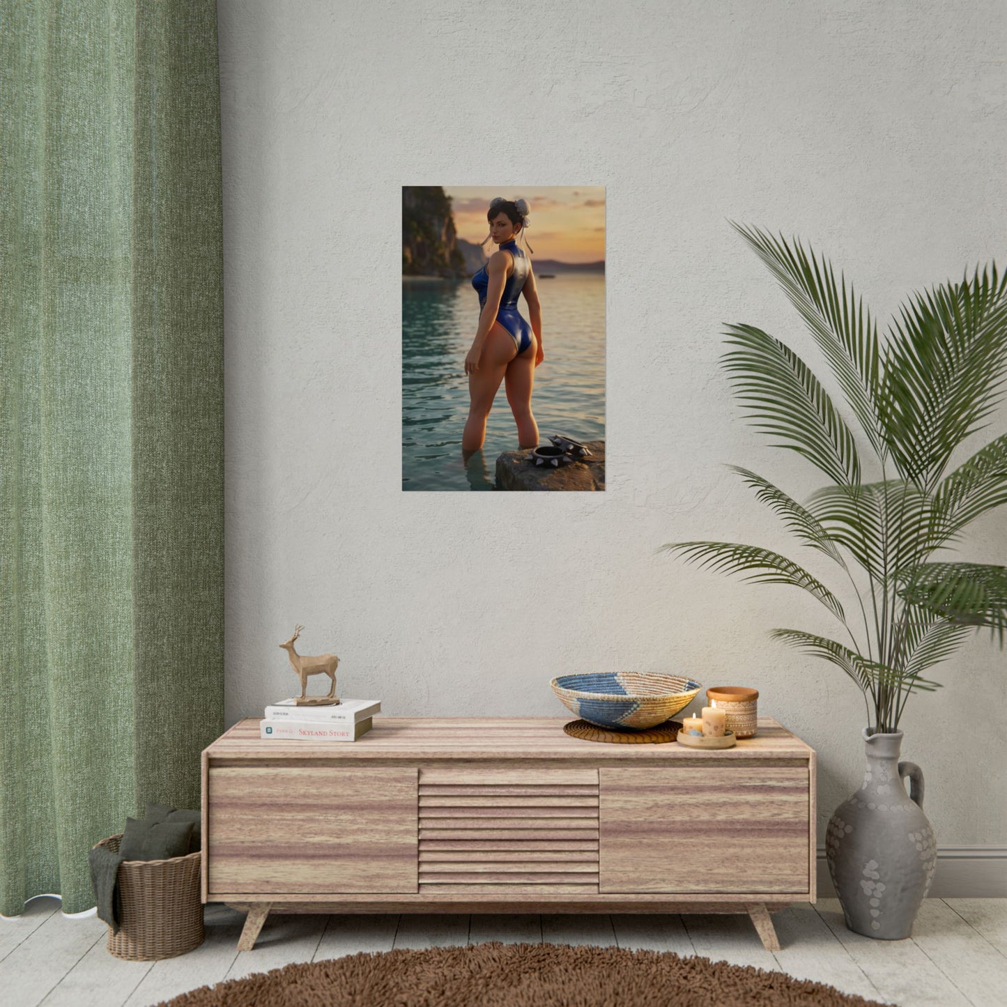 Street Fighter Poster – Chun-Li Art Print, Fighting Game Wall Art showing Chun-Li standing in calm ocean water at sunset in a gaming room decor