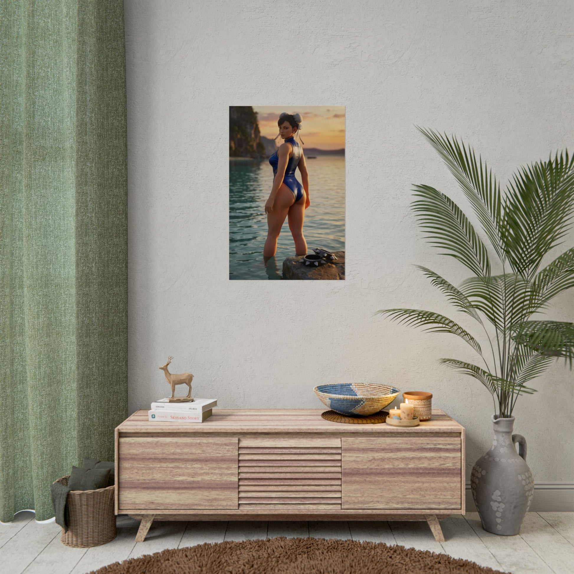Street Fighter Poster – Chun-Li Art Print, Fighting Game Wall Art showing Chun-Li standing in calm ocean water at sunset in a gaming room decor