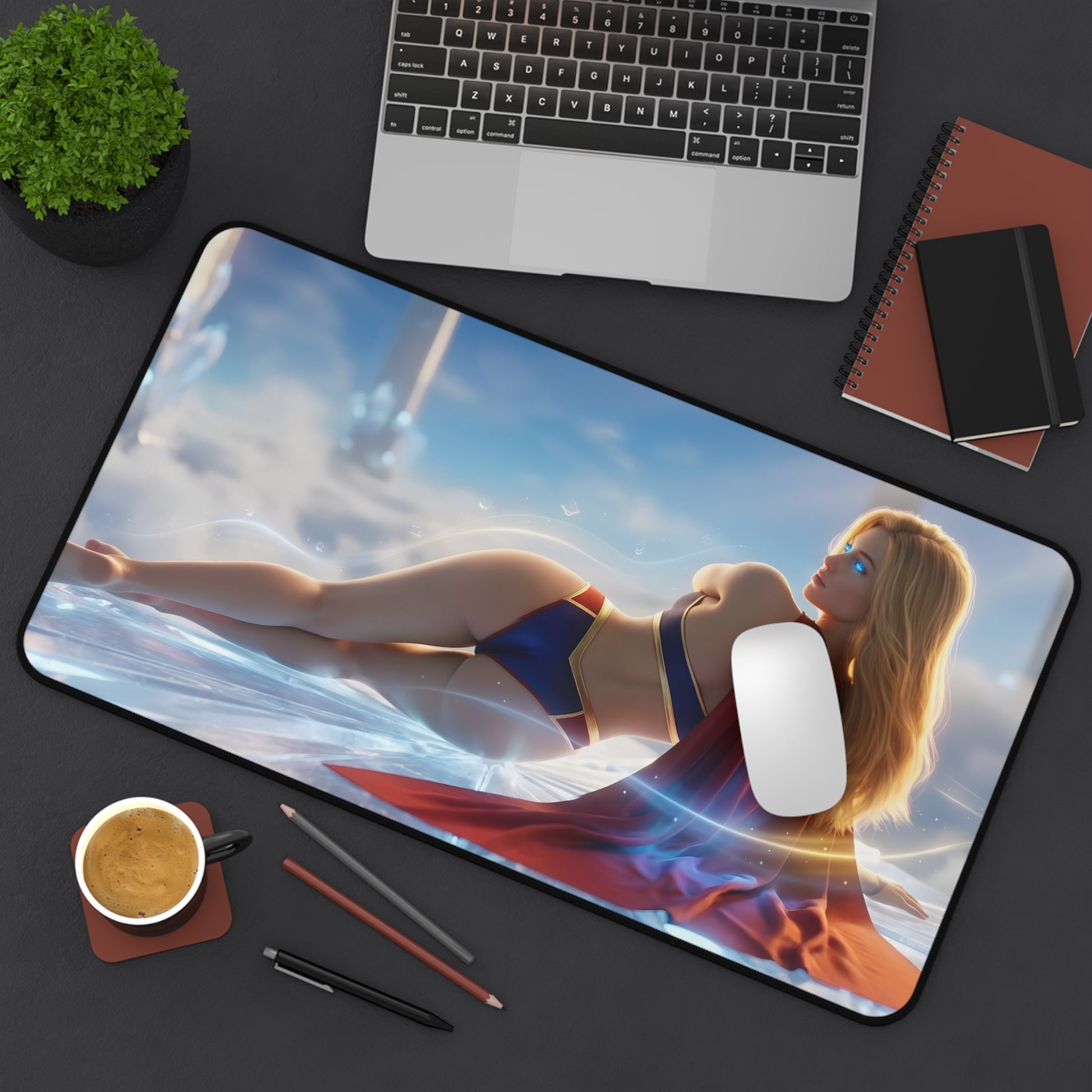 Supergirl Mouse Pad – DC Comics Gaming Mouse Pad, Stylish Gamer Desk Decor on gaming desk with laptop, mouse, and coffee