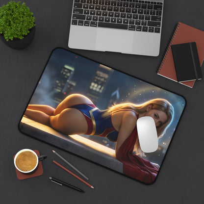 Supergirl Mouse Pad – DC Heroine Gaming Mouse Pad, Stylish Gamer Desk Decor on gaming desk with laptop, coffee and mouse
