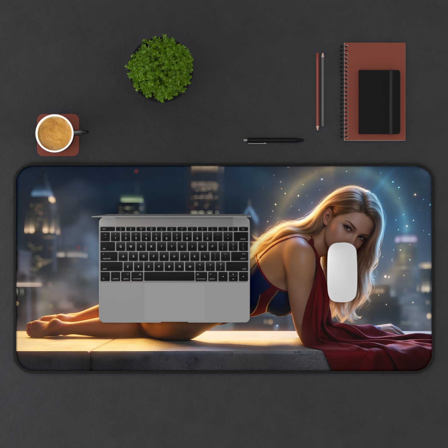 Supergirl Mouse Pad – DC Heroine Gaming Mouse Pad, Stylish Gamer Desk Decor on gaming desk with laptop mouse and city night background