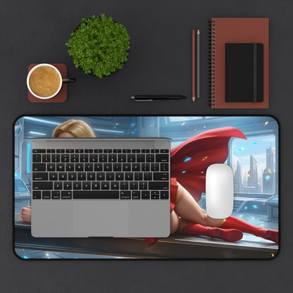 Supergirl Mouse Pad – Superhero Gaming Mouse Pad, Stylish Gamer Desk Decor on desk with laptop, mouse and coffee, vibrant superhero artwork