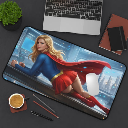 Supergirl Mouse Pad – Superhero Gaming Mouse Pad, Stylish Gamer Desk Decor on desk with laptop, coffee and mouse