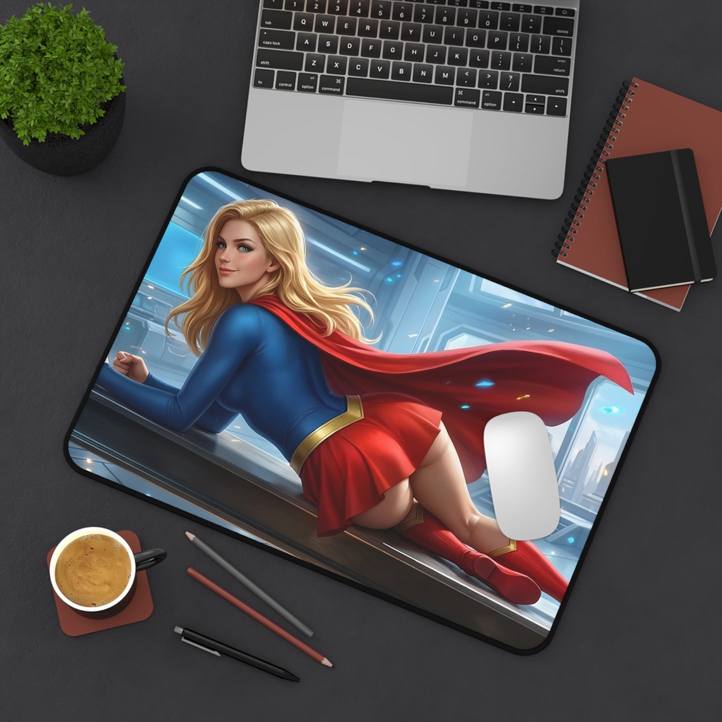 Supergirl Mouse Pad – Superhero Gaming Mouse Pad, Stylish Gamer Desk Decor showing Supergirl artwork on a gaming desk mouse pad