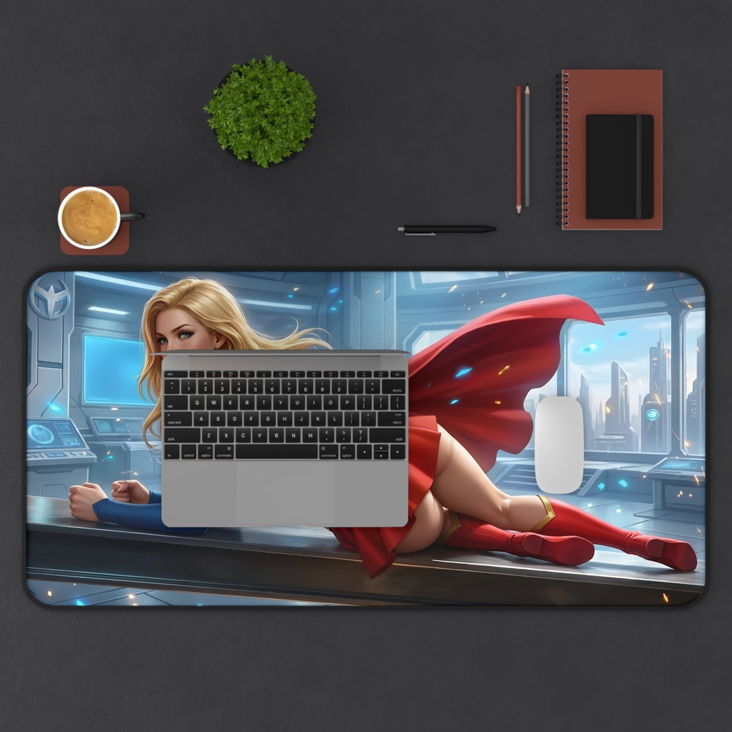 Supergirl Mouse Pad – Superhero Gaming Mouse Pad, Stylish Gamer Desk Decor on gaming desk with laptop, mouse and vibrant superhero artwork