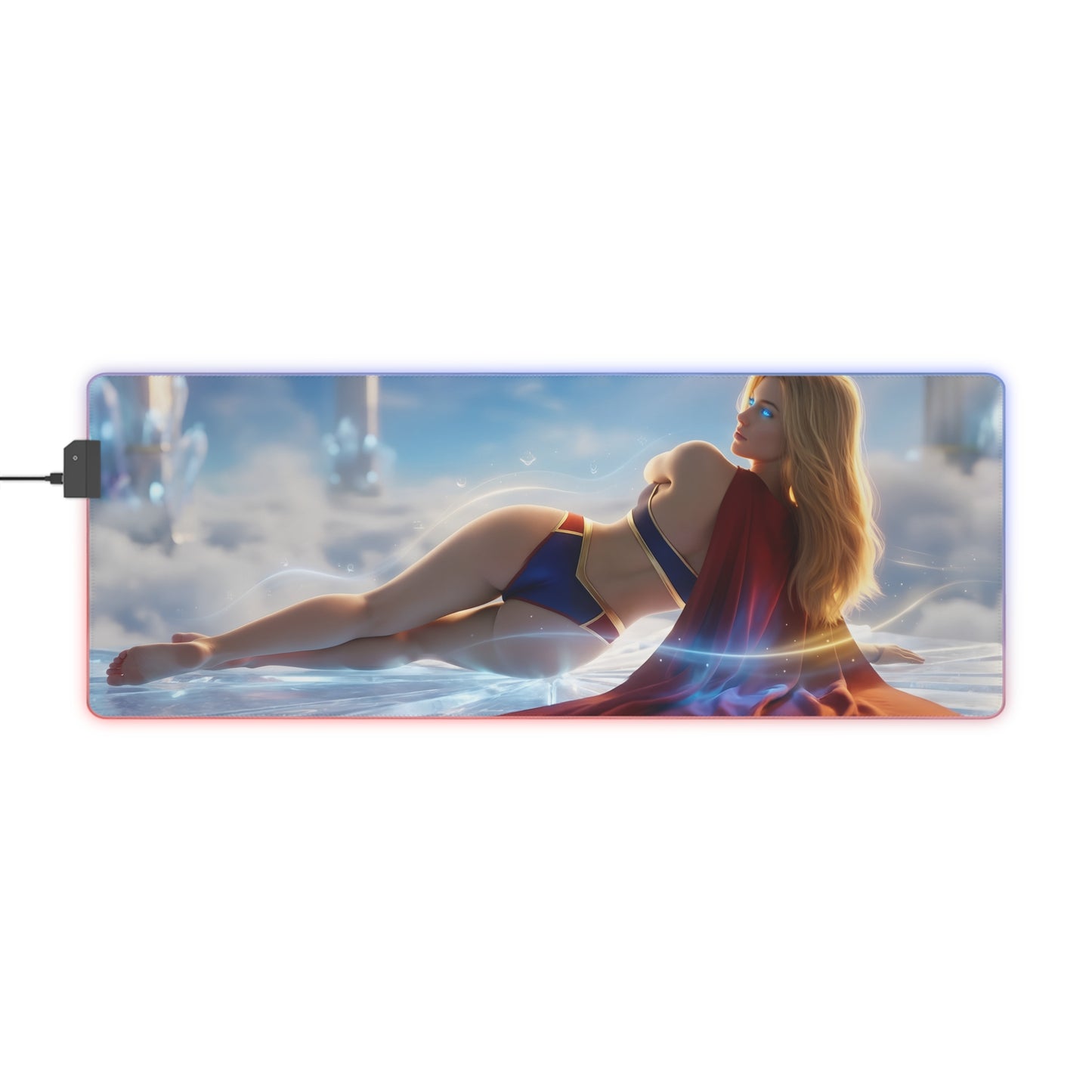 Supergirl RGB Mouse Pad – DC Comics Illuminated Desk Mat, Superhero Gamer Decor featuring reclining Supergirl artwork, RGB edge lighting, extended desk mat