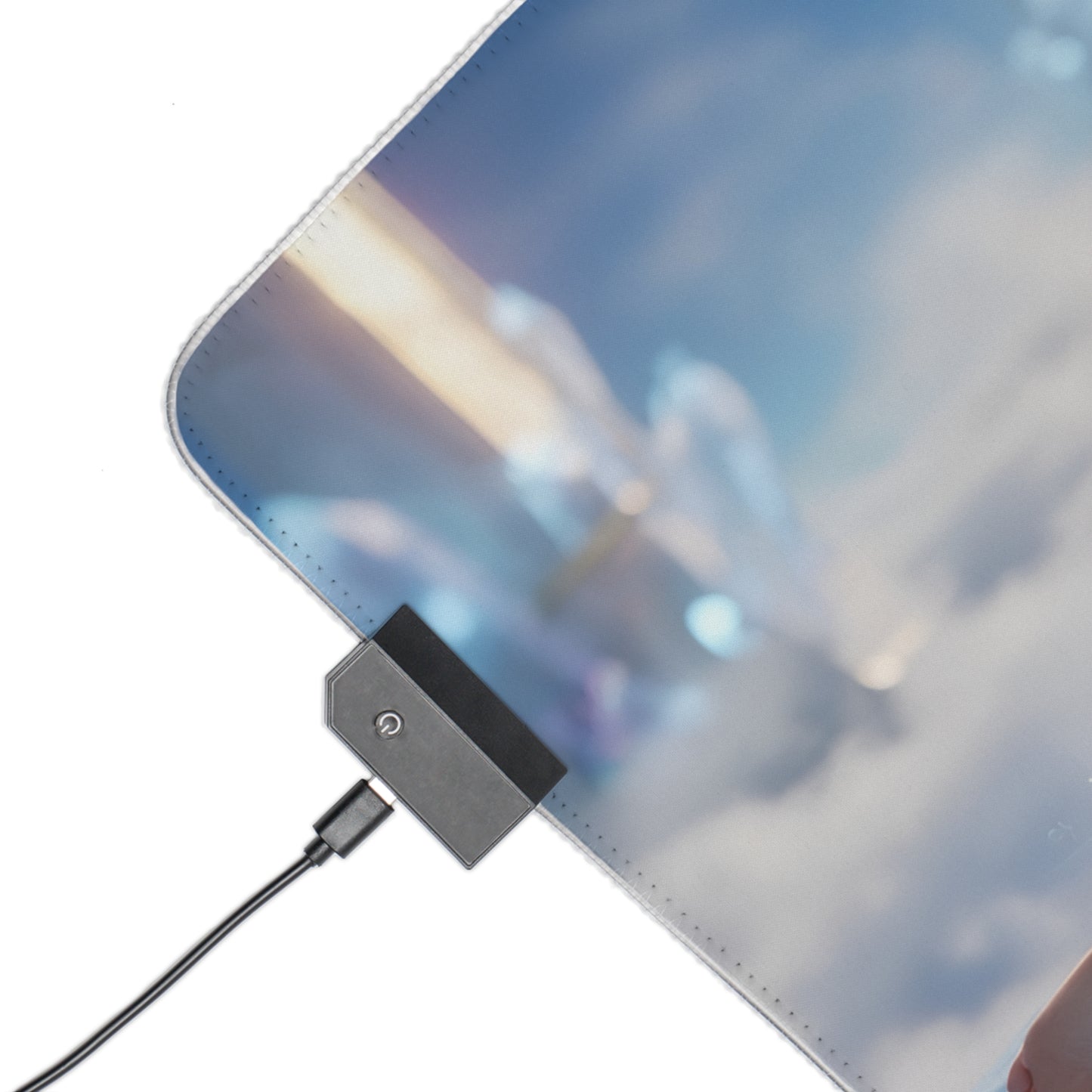 Supergirl RGB Mouse Pad – DC Comics Illuminated Desk Mat, Superhero Gamer Decor illuminated edge lighting close-up with USB connector and stitched corner