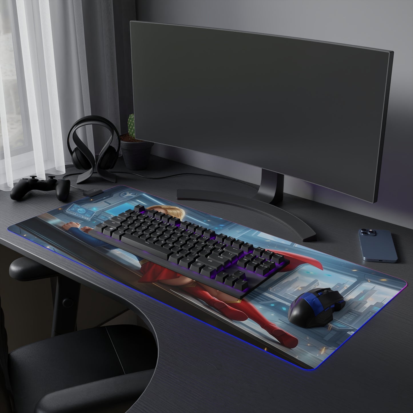 Supergirl RGB Mouse Pad – DC Comics LED Gaming Desk Mat, Superhero Setup on extended desk mat with RGB edge lighting, keyboard and mouse placed