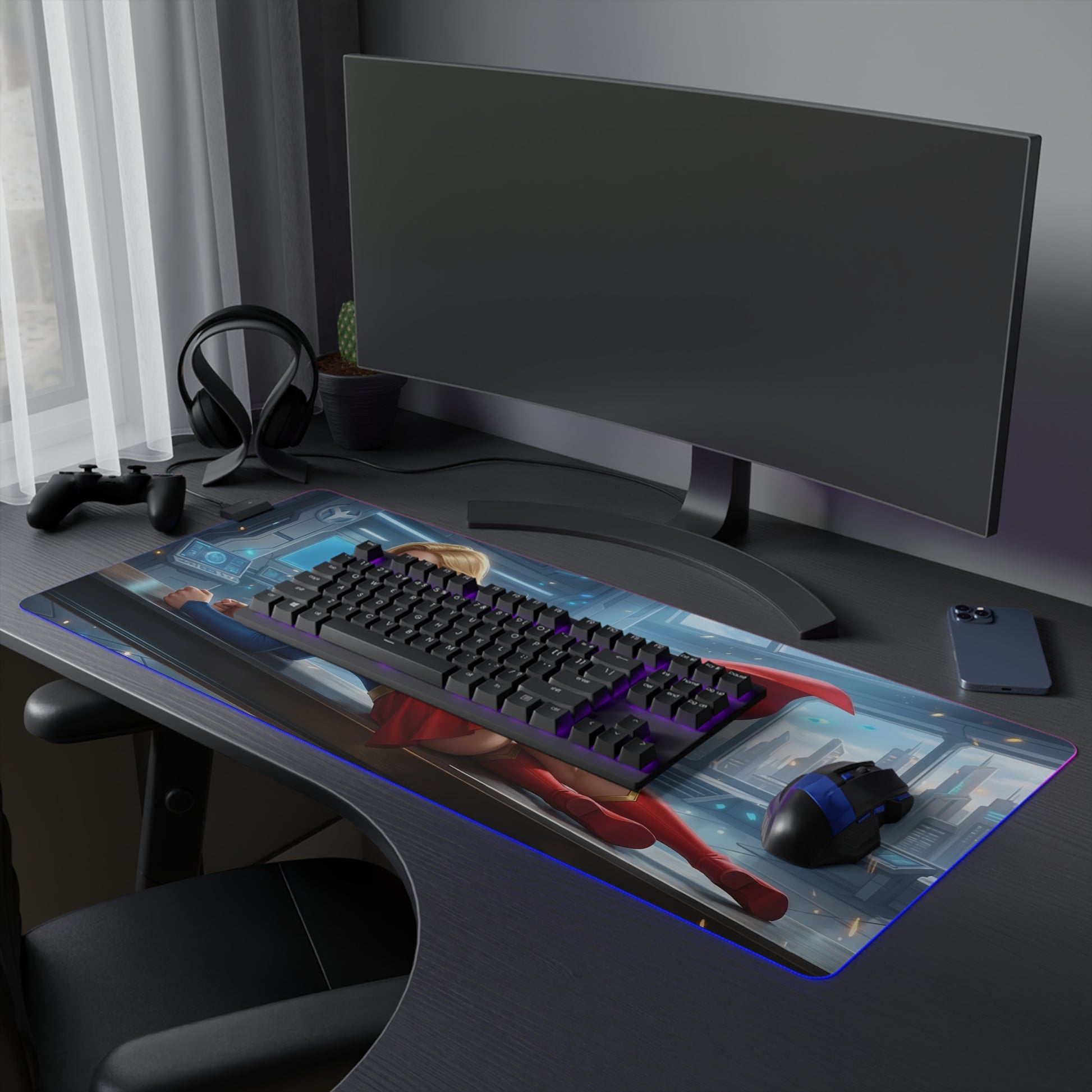 Supergirl RGB Mouse Pad – DC Comics LED Gaming Desk Mat, Superhero Setup on extended desk mat with RGB edge lighting, keyboard and mouse placed
