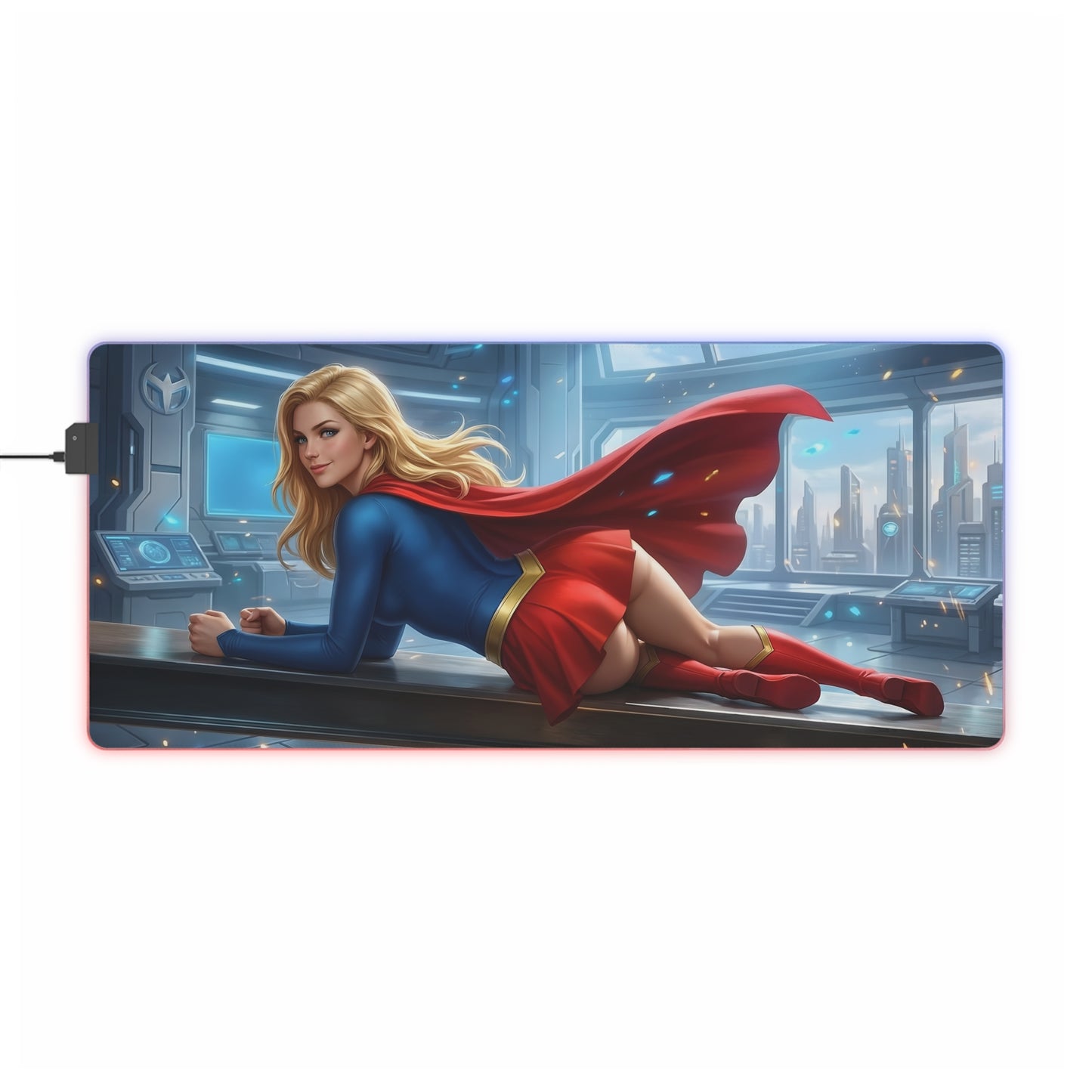 Supergirl RGB Mouse Pad – DC Comics LED Gaming Desk Mat, Superhero Setup showing Supergirl reclining on extended RGB desk mat with vivid edge lighting