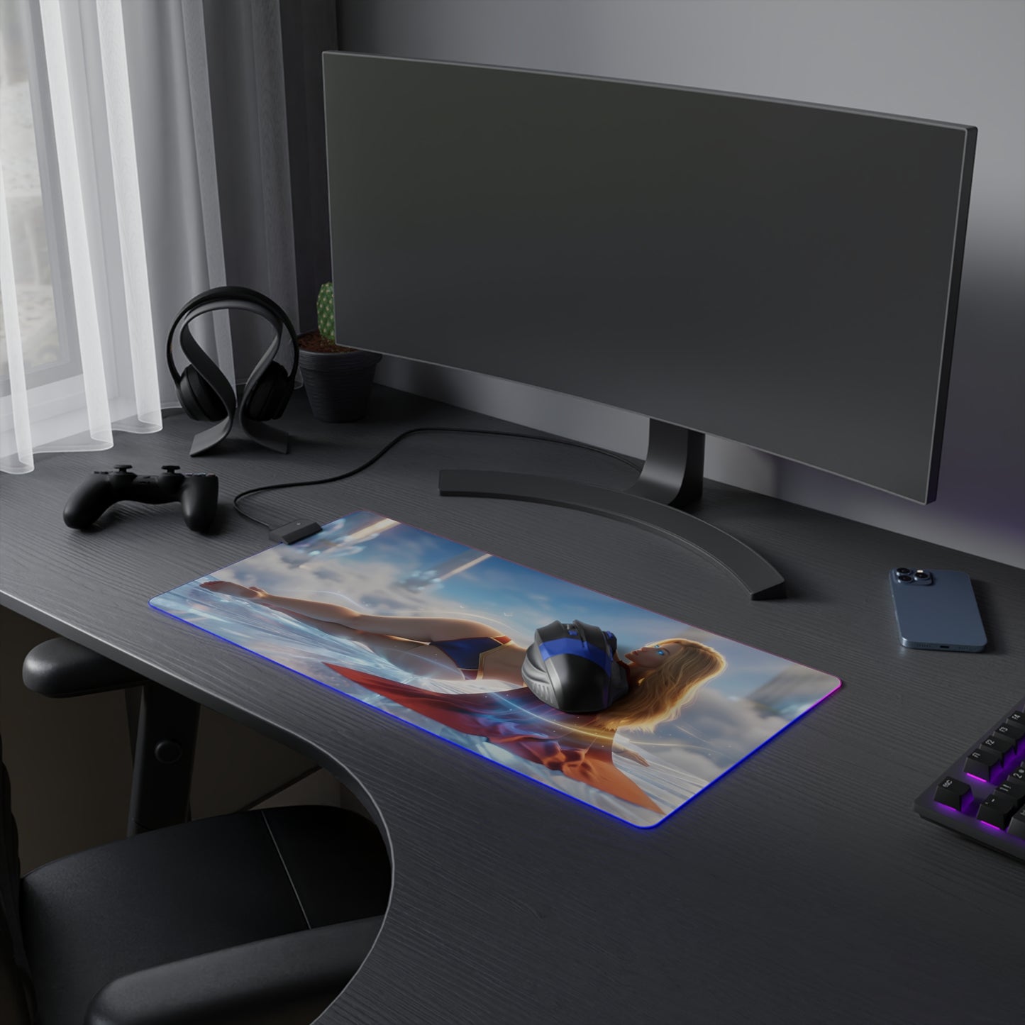 Supergirl RGB Mouse Pad – DC Comics Illuminated Desk Mat, Superhero Gamer Decor on a gaming desk with RGB edge lighting and extended surface