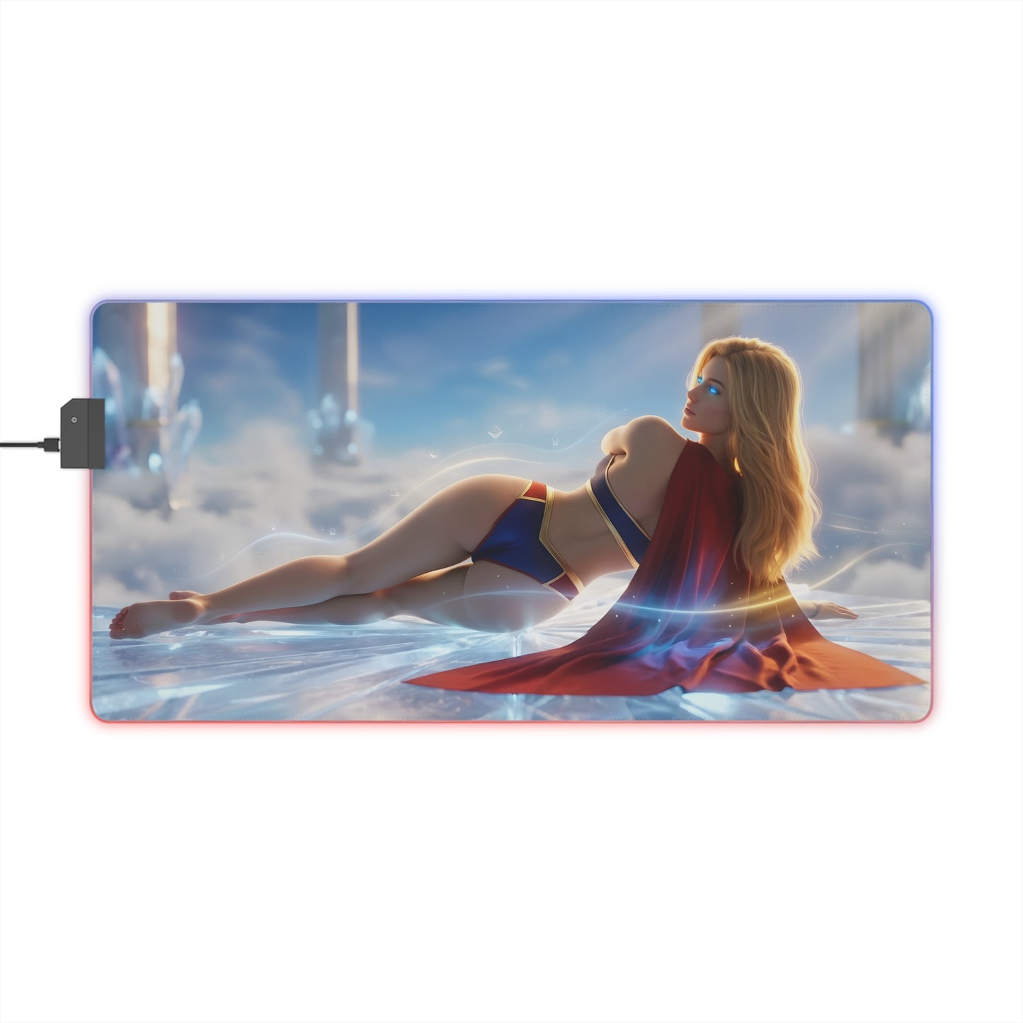 Supergirl RGB Mouse Pad – DC Comics Illuminated Desk Mat, Superhero Gamer Decor featuring reclining Supergirl artwork with RGB edge lighting