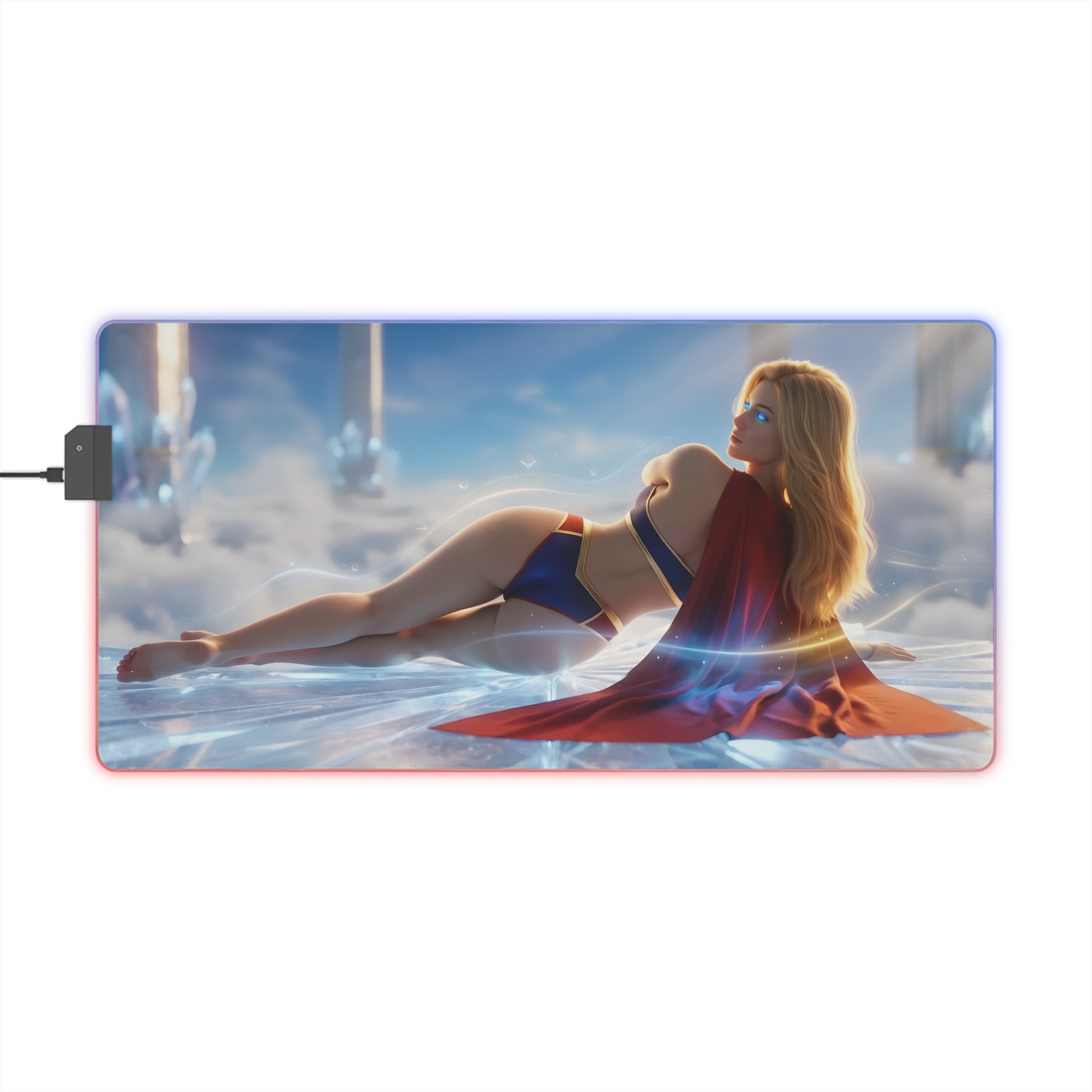 Supergirl RGB Mouse Pad – DC Comics Illuminated Desk Mat, Superhero Gamer Decor featuring reclining Supergirl artwork with RGB edge lighting