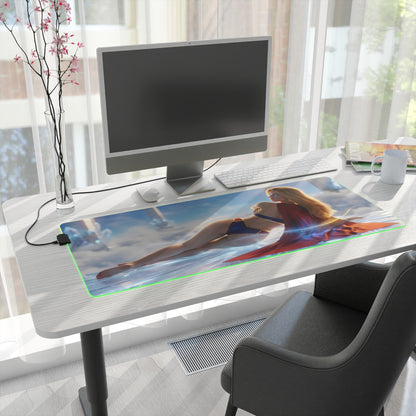 Supergirl RGB Mouse Pad – DC Comics Illuminated Desk Mat, Superhero Gamer Decor on a modern desk with colorful edge lighting