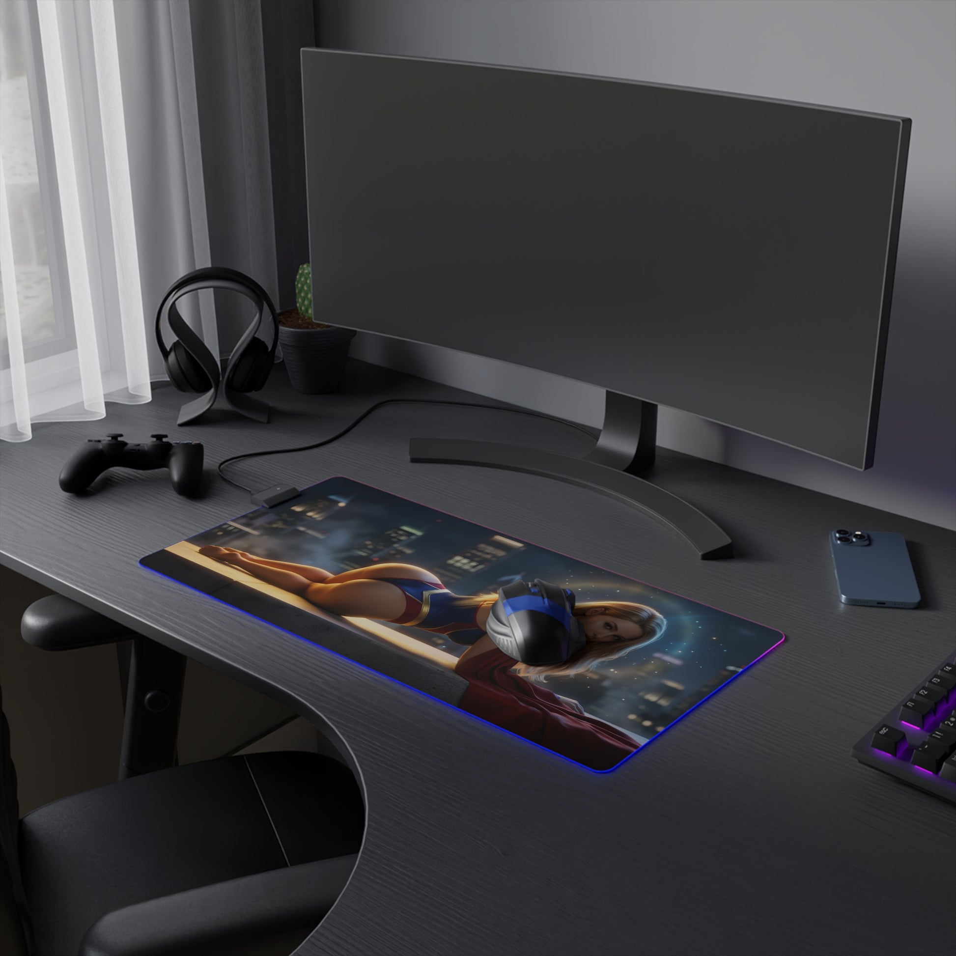 Supergirl RGB Mouse Pad – DC Comics Illuminated Gaming Desk Mat, Gamer Room Decor showing Supergirl artwork on an RGB extended desk mat