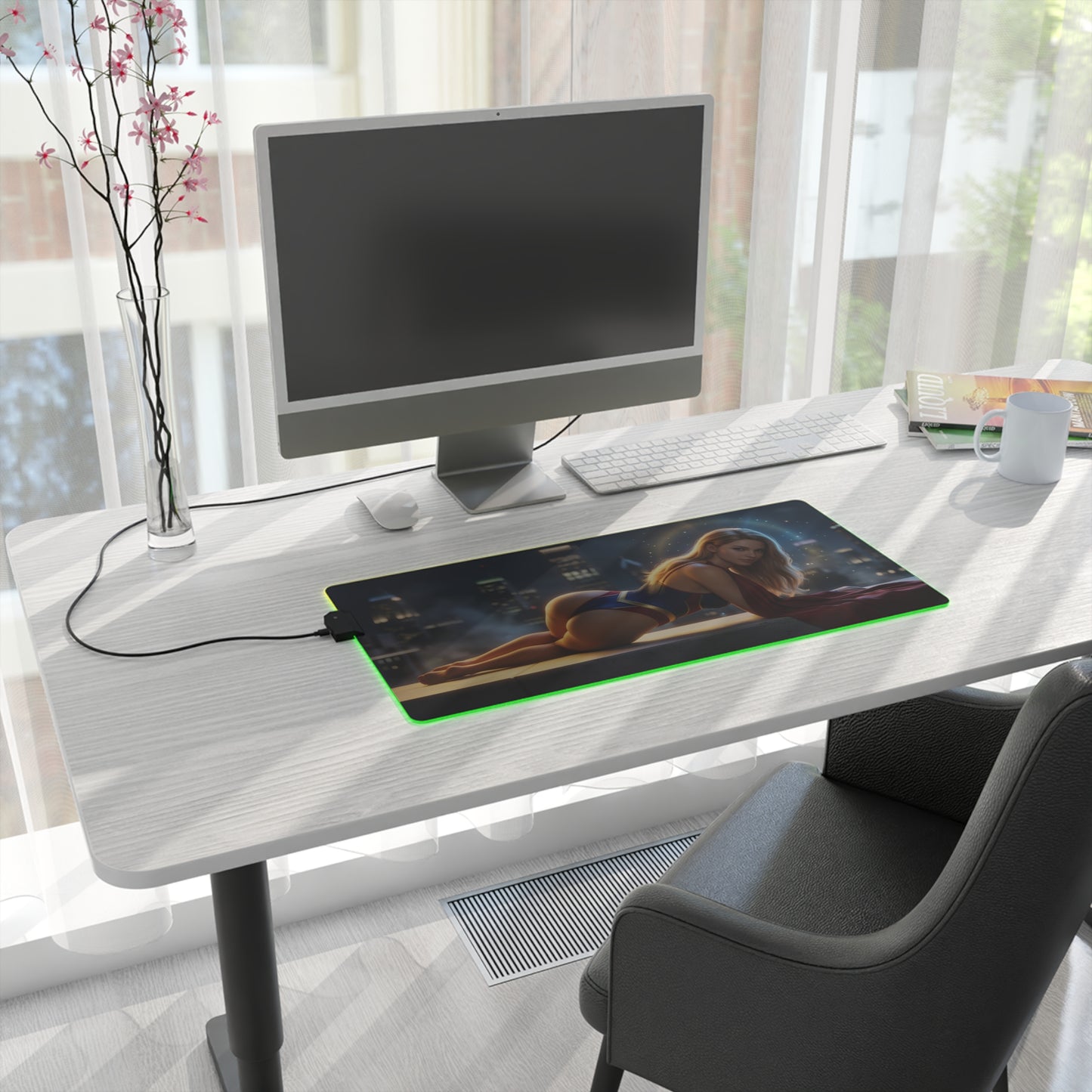 Supergirl RGB Mouse Pad – DC Comics Illuminated Gaming Desk Mat, Gamer Room Decor on desk with RGB edge lighting and Supergirl artwork