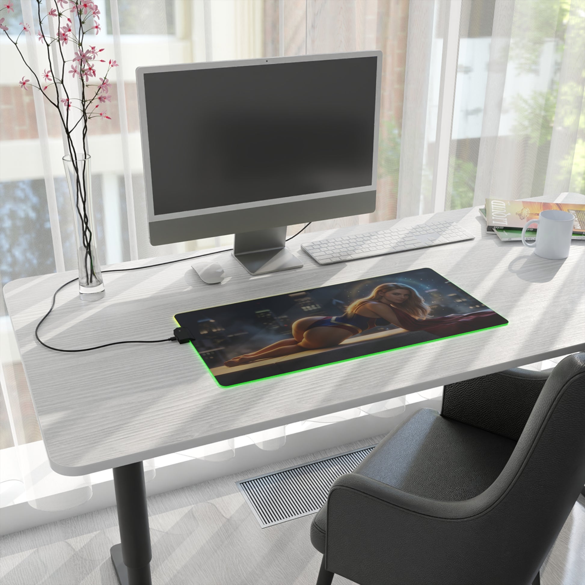 Supergirl RGB Mouse Pad – DC Comics Illuminated Gaming Desk Mat, Gamer Room Decor on desk with RGB edge lighting and Supergirl artwork