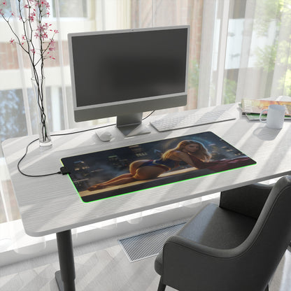 Supergirl RGB Mouse Pad – DC Comics Illuminated Gaming Desk Mat, Gamer Room Decor on white desk with RGB edge lighting and high-def Supergirl artwork