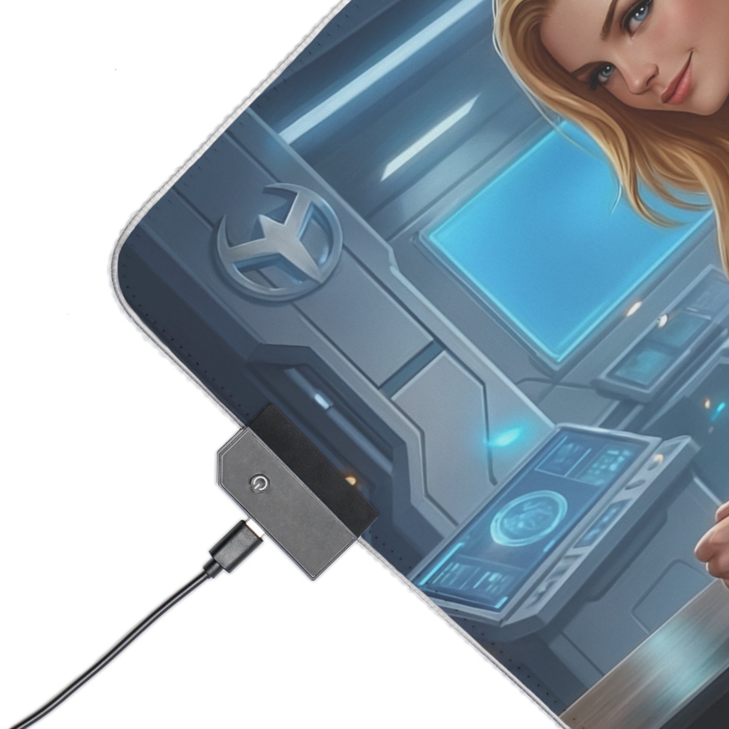 Supergirl RGB Mouse Pad – DC Comics LED Gaming Desk Mat, Superhero Setup showing RGB edge lighting, Supergirl artwork, USB controller and stitched edge