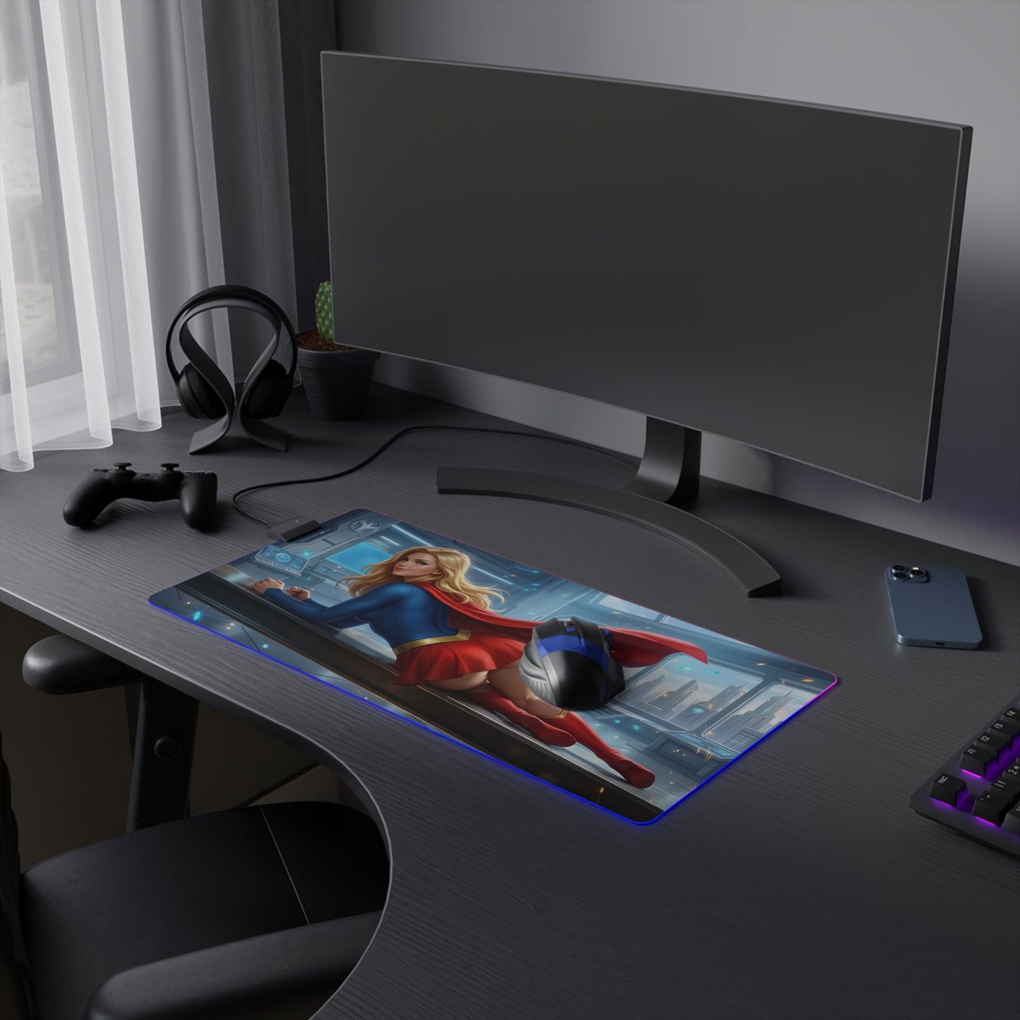 Supergirl RGB Mouse Pad – DC Comics LED Gaming Desk Mat, Superhero Setup on a dark gaming desk with RGB edge lighting and extended keyboard coverage