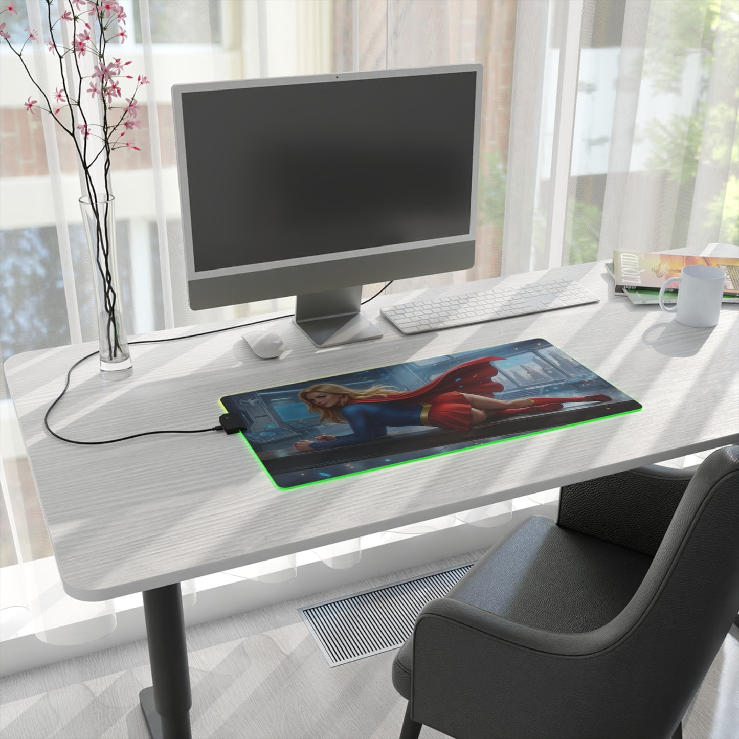 Supergirl RGB Mouse Pad – DC Comics LED Gaming Desk Mat, Superhero Setup on modern white desk with RGB edge lighting and extended desk mat covering keyboard and mouse